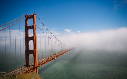 Photo of Golden Gate bridge disappearing into cloud